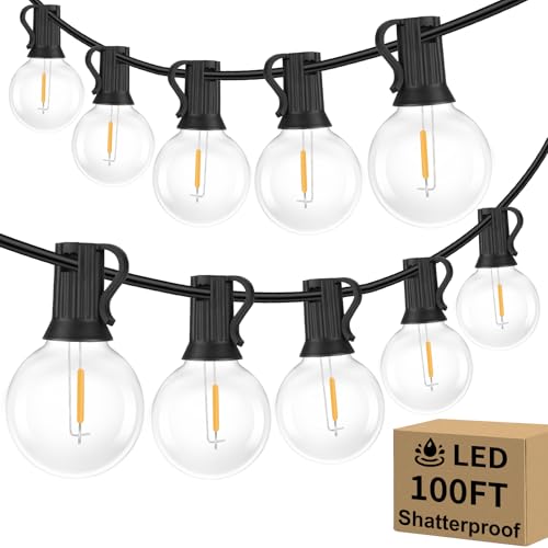 Bosceos 100FT 104 Bulbs G40 LED Globe String Lights, Dimmable Waterproof Shatterproof Patio Lights, Connectable Commercial Hanging Light for Patio House Backyard Balcony Party Bistro - color: Black, size: 100FT-100 Sockets-Warm White
