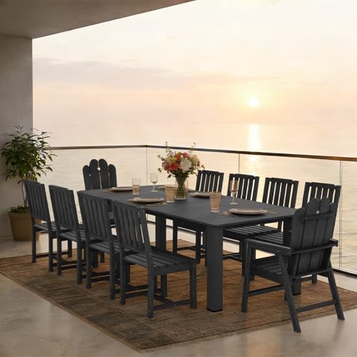 11-Piece Patio Dining Set, Outdoor Dining Set for 10, HDPE All-Weather Outdoor Furniture with 89.57” Umbrella Hole Table, 2 Armchairs & 8 Armless Chairs, Black - color: Black, size: 2 Armchairs & 8 Armless Chairs
