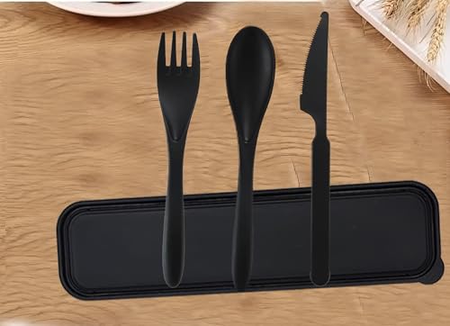 Travel Utensils Set - Reusable 5 Sets Wheat Straw Plastic Cutlery with Case, Portable Forks Spoons and Knives Set, Eco-Friendly BPA Free for Daily Use (5 Black) - color: 5 Black