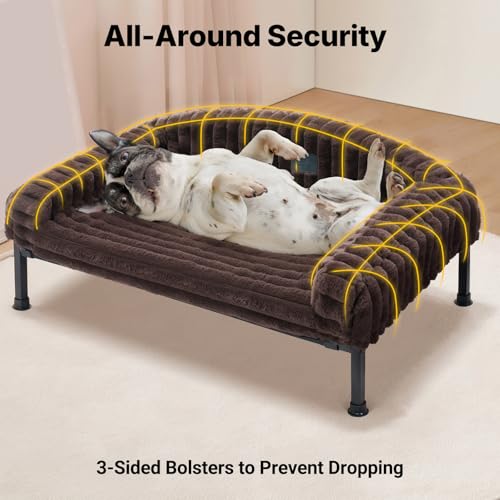 Veehoo Elevated Dog Bed with Bolster Cushion, Fluffy Plush Dog Couch Beds for Small Dogs, Cats, Washable Raised Pet Cot with Non-Slip Feet for Indoor or Patios Use, 24 x 18 Inches, Brown - color: Brown, size: 24.0"L x 18.0"W x 8.3"Th