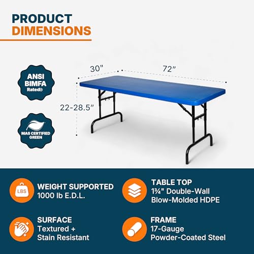 OEF Furnishings OEFBTA-3072-04 Adjustable-Height Commercial-Grade Premium Industrial Folding Table, 6-Foot Pedestal-Leg Design with 17-Gauge Steel Frame and Thick Double-Wall Top (72" × 30", Blue Top) - color: Blue