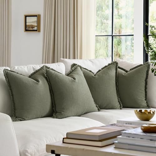 MIULEE Decorative Couch Pillow Covers Neutral Linen Fringe Throw Pillows Set of 4 Boho Farmhouse Cushions Soft Accent Pillowcases for Bed Couch Sofa Living Room Spring Decor 18x18 Inch Olive Green - color: Olive Green, size: 18" x 18" (Pack of 4)