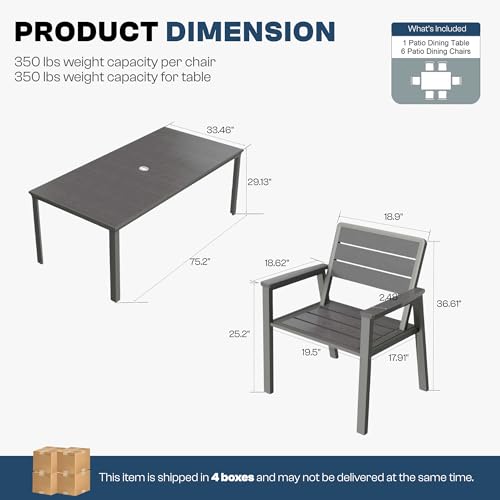7 Piece Patio Dining Set for 6, Outdoor HDPE Table and Chairs with Umbrella Hole, All Weather Outdoor Furniture for Backyard, Deck, Lawn, Poolside, Grey - color: Grey