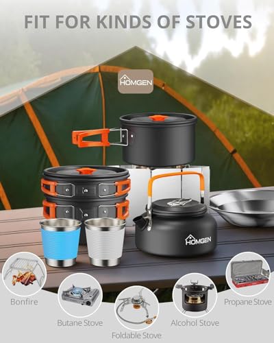 HOMGEN Portable Camping Cooking Set with Folding Windscreen-Lightweight Aluminum Camp Pots and Pan-800ml Teapot- 2 Cups & Plates- Complete Camping Mess Kit for Hiking Picnic Camping RV Trevel Trip