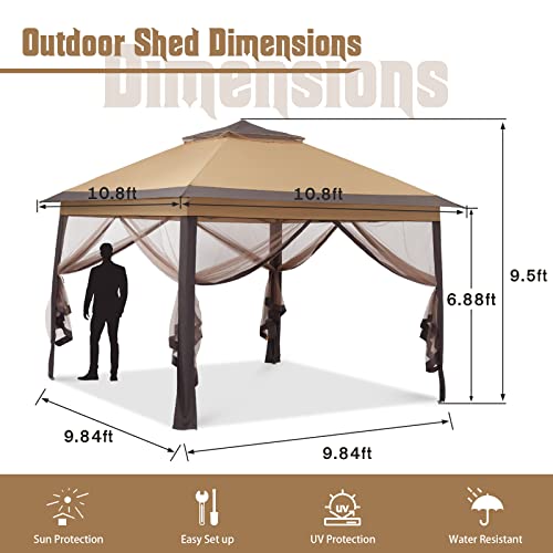 11x11 FT Gazebo Tent, Outdoor Tents for Parties with Mosquito Netting, Folding Heavy Duty Height Adjustable Canopy Tent for Patio Backyard Garden (Brown) - color: Brown