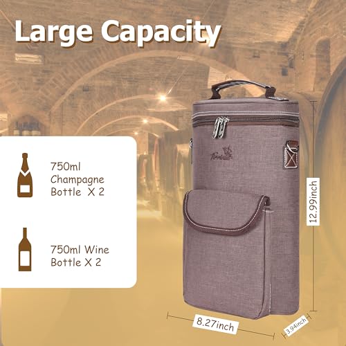 Tirrinia 2 Bottle Wine Gift Tote Carrier - Leakproof & Insulated with Large Pockets Wine Cooler Bag for Travel, Tasting, Party, Dinner, Valentine's Day Gift - color: Brown, size: 2 Bottle-with front pocket