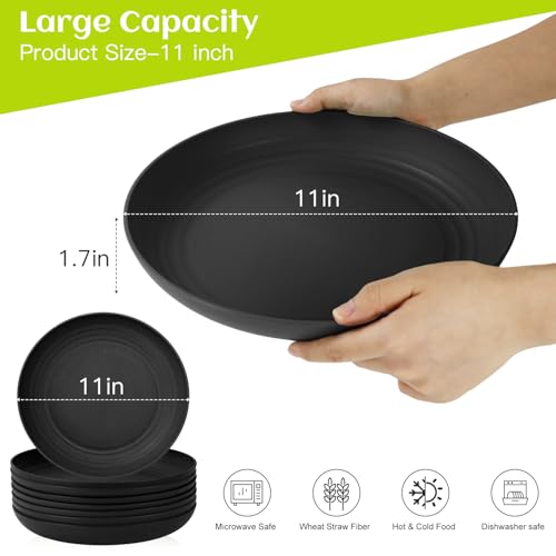 Homienly Wheat Straw Plates Set - 11 inch Reusable Large Dinner Plates Set of 8, Lightweight Unbreakable Salad Plates, Microwave and Dishwasher Safe Plates, Deep Plates for Dinner, Camping - Black - color: Black, size: 11 inch
