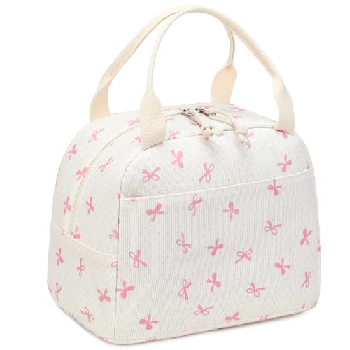 LEDAOU Lunch Box for Women Insulated Lunch Bag Corduroy Lunch Tote Bags Leakproof Cooler Lunch Case for Travel Work Picnic (Pink Bow) - color: A-pink bow