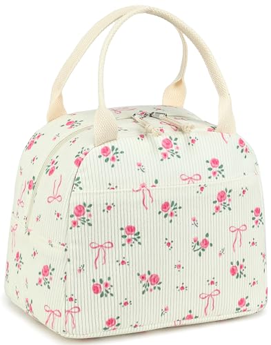 LEDAOU Lunch Box for Women Insulated Lunch Bag Corduroy Lunch Tote Bags Leakproof Cooler Lunch Case for Travel Work Picnic (Bow Floral) - color: Bow Floral