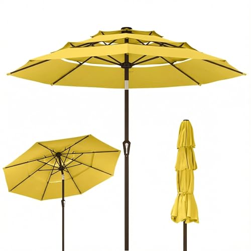 Kingdura 10ft 3-Tier Patio Umbrella, Outdoor Table Umbrella with Easy Crank & Tilt, 8 Reinforced Ribs, UV Protection for Deck, Pool, Market, Backyard (Yellow) - color: Yellow, size: 10 FT