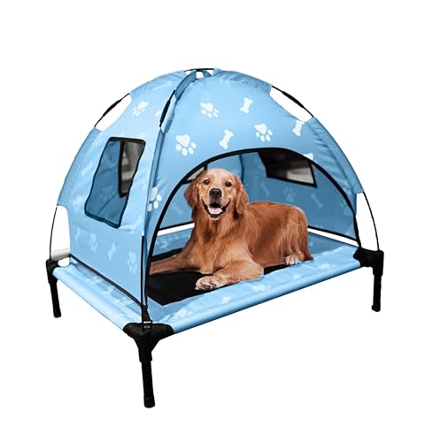 Elevated Covered Dog Bed - 36" x 36" x 30" - Dog Shade Canopy Lounger for Small & Large Dogs (Up to 110 lbs) - Portable & Durable - Cooling, UV & Water Resistant with Mesh Windows - Pastel Blue - color: Pastel Blue