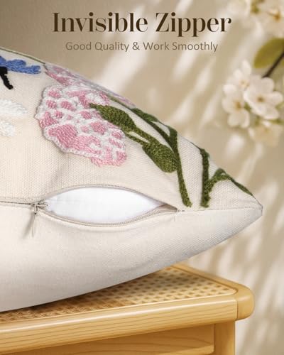 Embroidered Throw Pillow Cover 18x18 Inch - Spring Summer Boho Decorative Pillow Cover with Zipper for Living Room Couch Sofa Bed Aesthetic Design Retro Flower Cushion Pillowcase - color: Retro Flower, size: 18" x 18" (Pack of 1)