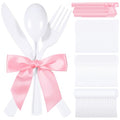 Minatee 25 Sets White Plastic Cutlery Set with Twist Tie Bows, Heavy Duty Tableware Disposable Forks Knives Spoons Silverware Utensils Set for Coquette Birthday Bow Party Table Setting Picnics - color: White,Pink