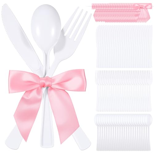 Minatee 25 Sets White Plastic Cutlery Set with Twist Tie Bows, Heavy Duty Tableware Disposable Forks Knives Spoons Silverware Utensils Set for Coquette Birthday Bow Party Table Setting Picnics - color: White,Pink