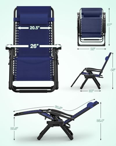 ZENPETIO Zero Gravity Lounge Chair, Foldable Outdoor Recliner with Detachable Cushion, Portable Anti Gravity Lounger for Camping, Patio, Poolside, Lawn - Royal Blue - color: Royal Blue