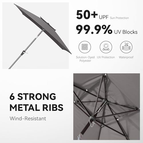 6.6 x 10 ft Rectangular Patio Umbrella, Outdoor Market Table Umbrella with Push Button Tilt and Crank, Double-Tier Vent, 6 Ribs, Rectangle Patio Umbrella for Backyard, Deck, Pool, Fits 4–6 Chairs and Tables (Grey) - color: Grey