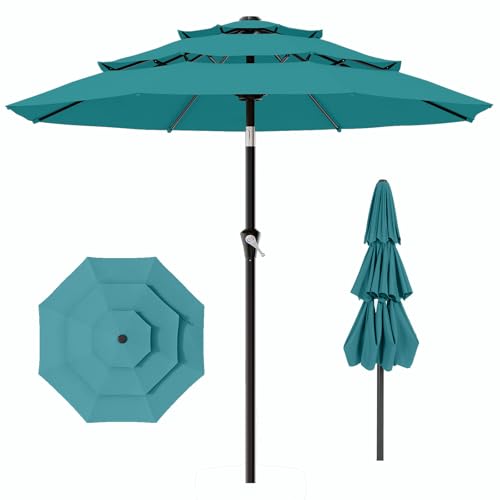 AreShark 9ft 3-Tier Patio Umbrellas, Outdoor Umbrella with 8 Sturdy Ribs UV Protection Windproof, Market Table Umbrella w/Push Button Tilt & Crank for Pool, Porch, Deck, Garden(Lake Blue) - color: Lake Blue