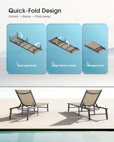Ciokea Foldable Outdoor Lounge Chair, No Assembly Patio Chaise Lounge Outdoor with 5-Positions, Aluminum Pool Lounge Chair with Portable Design for Pool, Beach, Deck, Backyard, Khaki - color: Khaki-upgraded, size: 1 Pack