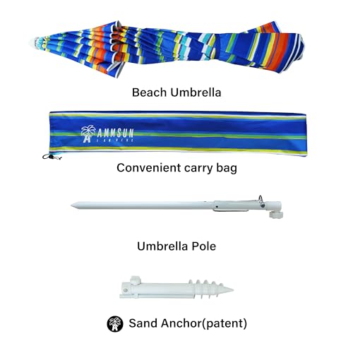 AMMSUN 8 Feet Large Beach Umbrella with Sand Anchor Heavy Duty High Wind Portable Outdoor Umbrellas UV 50+ Protection Air Vent Tilt Patio Garden Pool - color: Red Blue Stripes