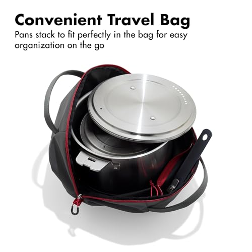 OXO Outdoor 8 Piece Camping Cookware Set, 10" Pre-Seasoned Carbon Steel Frying Pan Skillet, 2.25QT and 5QT Stainless Steel Saucepans with Lids, Removeable Handle, Trivet, Travel Bag, Space-Saving - size: 8 Piece Cookware Set