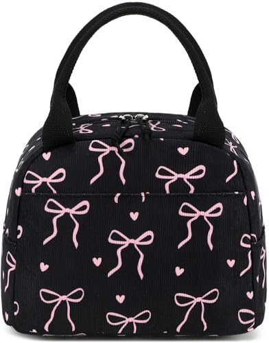 LEDAOU Lunch Box for Women Insulated Lunch Bag Corduroy Lunch Tote Bags Leakproof Cooler Lunch Case for Travel Work Picnic (Bow Tie Black) - color: Bow Tie Black