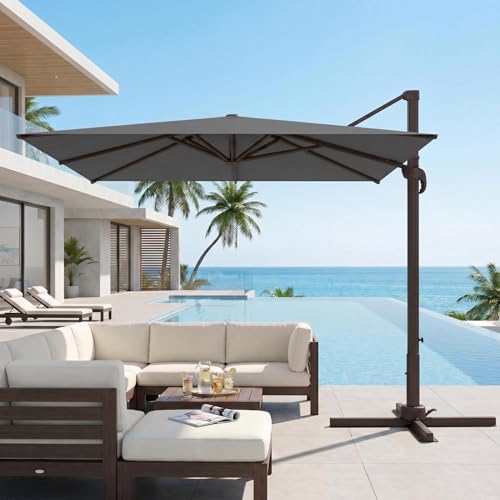 Kingdura 10' X 10' Cantilever Patio Umbrella, Large Square Aluminum Outdoor Offset Umbrella with 360-degree Rotation, 4 Position Tilt, UV Protection for Pool Deck Garden Patio (Grey) - color: Grey, size: 10x10 FT (No Base)