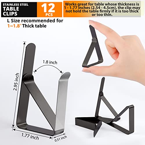 Tablecloth Clips Black - 12 Pack Stainless Steel, Rust Proof & Non-Slippery Table Cloth Holding Clip - Perfect for Restaurants, Picnic, Party, Outdoor Dining - Fits Up to 1.8 Inch Thick Table - color: Pack 12 Black S (for 1 ~ 1.8inch)