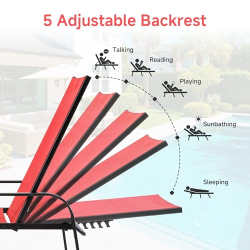 DUMOS Outdoor Lounge Chaise, 5-Position Chaise Lounge with Armrests, Sun Tanning Chair 350 lbs Heavy Duty Patio Pool Chair, Waterproof Sun Lounger for Deck, Backyard, Beach & Poolside, Red - color: Bright Red