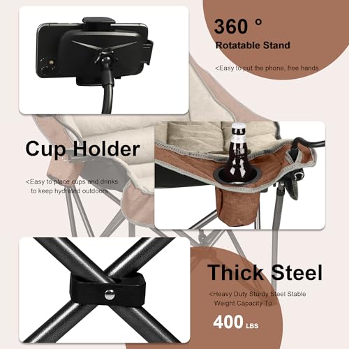 Northroad Oversized XL Padded Camping Chair w/Cell Phone Holder, Large Camp Chair, Foldable Lawn Chair w/Cup Holder,Carry Bag for Outdoor Hiking, Picnics, Heavy-Duty 400-lbs Capacity, Moca - color: Moca