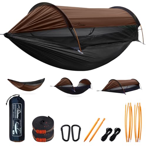 Camping Hammock Tent with Mosquito Net and Sunshade, Extra Large for 2 Person, Lightweight Hanging Hammocks Tree Straps, Bivvy Ground Tent for Outside, Hiking, and Travel - color: Hammock-brown