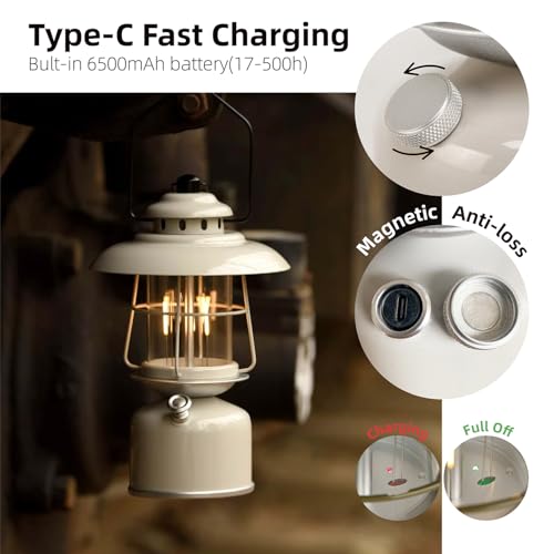Metal Retro Classic LED Camping Lantern, 6500mAh Rechargeable Battery Last 17-500 Hours Camping Lamp, Large Dimmable Hanging Lantern, Vintage Camping Light with Hook for Courtyard Outdoor Decoration - style: Retro Rock Gray