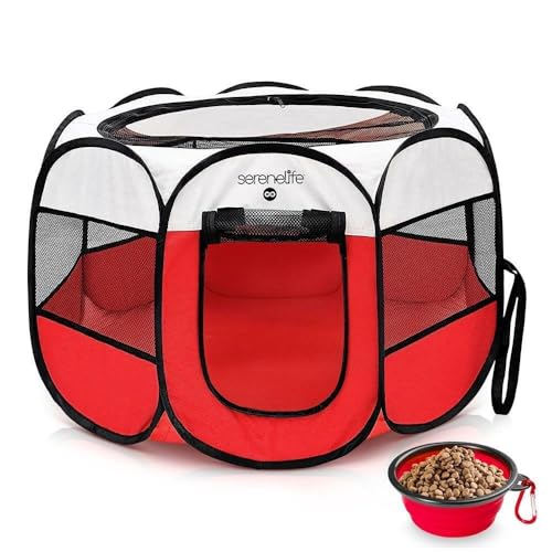 SereneLife On-The-Go Foldable Portable Pet Tent 8-Panel Playpen for Dog & Cat w/Food/Water Bowl, Mesh Exercise Puppy Playground, Pet House Indoor & Outdoor, Travel & Camping Pet Kennel (Red- Large) - color: Red, size: Large 44.9 x 44.9 x 22.8 inches