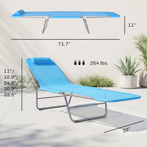 Outsunny Folding Chaise Lounge Pool Chairs, Outdoor Sun Tanning Chairs with Pillow, Reclining Back, Steel Frame & Breathable Mesh for Beach, Yard, Patio, Blue - color: Blue