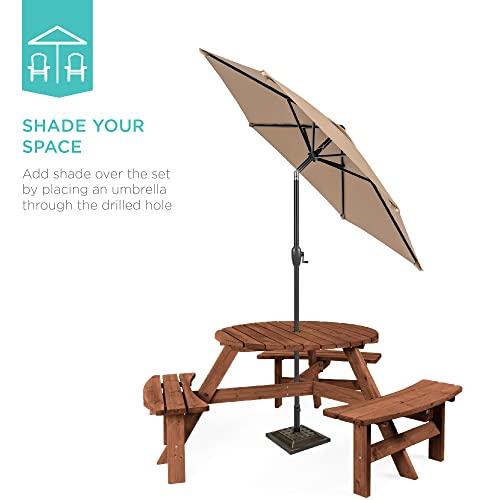 Best Choice Products 6-Person Circular Outdoor Wooden Picnic Table for Patio, Backyard, Garden, DIY w/ 3 Built-in Benches, 500lb Capacity - Walnut Brown - color: Walnut Brown
