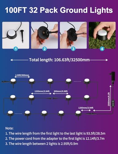 APPECK Outdoor Ground Lights 32 Pack, 100FT RGBW Color Changing Pathway Lights Wired, 2200K Warm White Smart Landscape Lighting, for Garden Yard Lawn Path Holiday Party Decor, with App/Voice Control - size: 32 Pack, 100ft