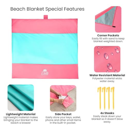 Beach Blanket Sandproof Waterproof, Extra Large Beach Mat, Oversized & Compact Sand Free, Quick Dry Beach Essentials for Vacation, Cruise, Picnic & Camping with Stakes & Extra Zippered Pockets