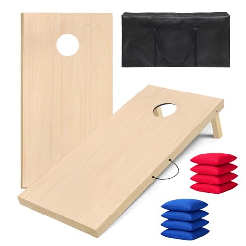 Solid Cornhole Boards Set 4x2FT Regulation Size, Solid Wood Outdoor Corn Hole Game for Adults & Family, Waterproof All Weather with 8 Bean Bags & Carry Bag for Backyard Tailgate Beach Oak/Vintage/DIY