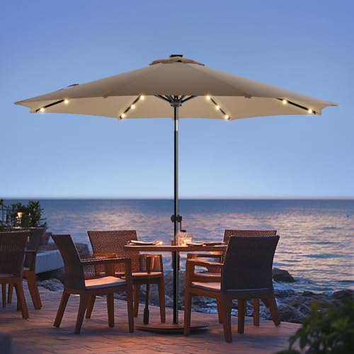 wikiwiki 9FT Solar Led Patio Umbrella, Sturdy Outdoor Market Umbrella for Deck, Pool, Garden w/Tilt, Crank, 32 LED Lights, Tan - color: Tan, size: 9FT