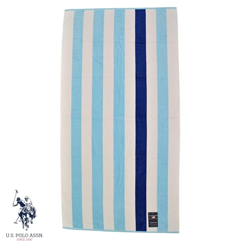 U.S. Polo Assn. Oversized (40” x 70”) Striped Nautical Design Beach Towel - Luxury Plush Cotton Hotel Quality for Bath, Pool - Cabana Stripe Aqblue/Navy - color: Cabana Stripe Aqblue/Navy, size: 40" x 70"