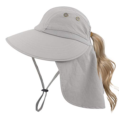Muryobao Women's Sun Hat Outdoor UV Protection Foldable Mesh Hat Wide Brim Summer Beach Fishing Cap with Neck Flap - color: Light Grey
