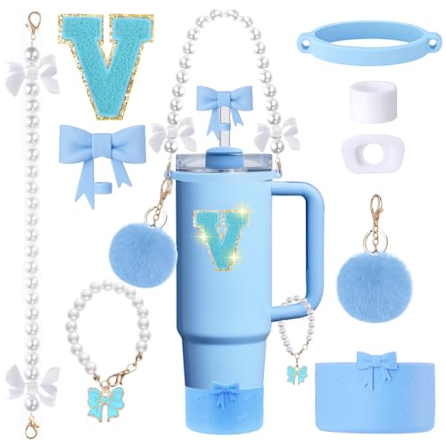 9pcs Stanley Cup Accessories Set- for 30oz 40oz Tumblers with Handle - Bule Kit Includes Bow Straw Topper and Boot, Charm, Pearl Handle Strap & Stickers - Aesthetic Girl Gifts (V) - color: V