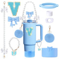 9pcs Stanley Cup Accessories Set- for 30oz 40oz Tumblers with Handle - Bule Kit Includes Bow Straw Topper and Boot, Charm, Pearl Handle Strap & Stickers - Aesthetic Girl Gifts (V) - color: V