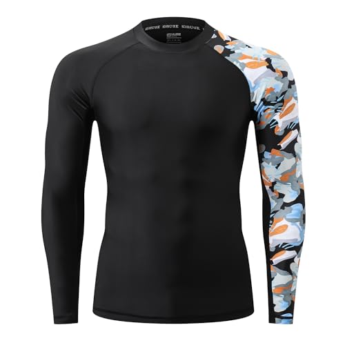 HUGE SPORTS Men's Rash Guard Long Sleeves UPF 50+ UV Sun Protection Quick Drying Splice Compression Swim Shirts - color: Camo Black, size: 3X-Large