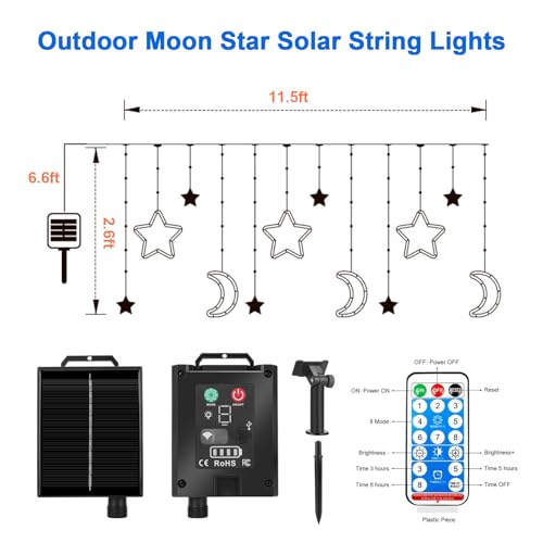 Moon Stars Solar String Lights for Outdoor, Christmas Decorations Curtain Lights with Remote Control and USB Backup Charger, Automatic ON-Off, IP65 Waterproof, Warm Yellow