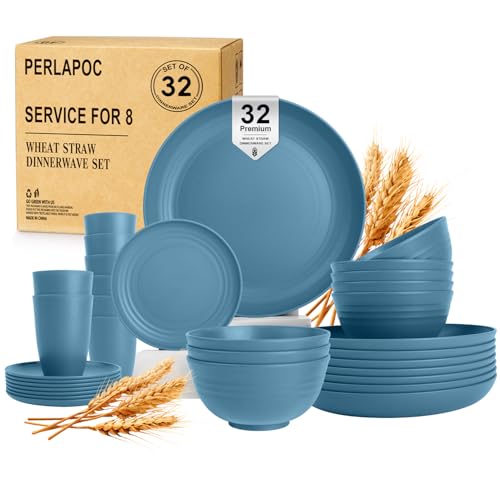 Wheat Straw Dinnerware Sets, 32 PCS Dishes Set for 8, Unbreakable Lightweight Reusable Plates and Bowls Sets for Kitchen Outdoors RV Camping Patio, Dishwasher & Microwave Safe - Blue - color: Blue, size: 32 PCS