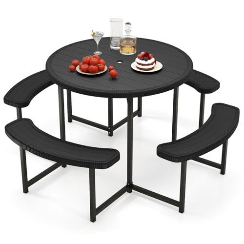 Giantex Picnic Table Bench Set for 4-8 Person, Round 37” Outdoor Dining Table w/Umbrella Hole, HDPE Tabletop, Metal Frame, Patio Furniture Set for Backyard Porch Lawn, 1400lb Capacity (Black,Round) - color: Black, size: Round-37"x37"x29"