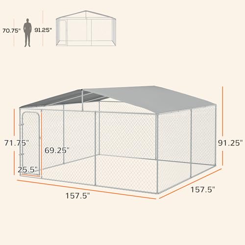 PawHut Outdoor Dog Kennel, Heavy Duty Dog Run Outdoor Fence with Waterproof Cover, Galvanized Chain Link, Secure Lock, for Large Breeds, Chickens, Ducks, 13' x 13' x 7.5' - size: 157.5"L x 157.5"W x 91.3"H