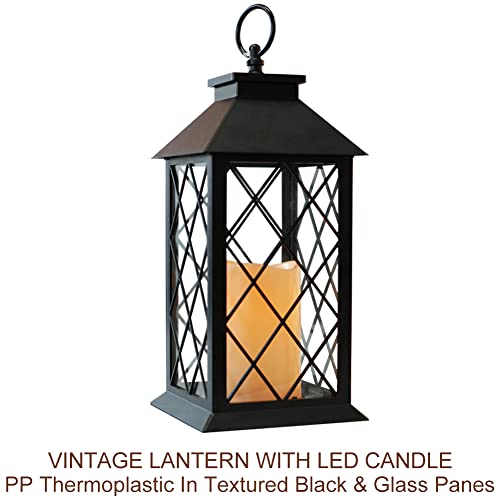 2-Pack 13.5" Vintage Candle Lantern with LED Pillar Candle (Black, 6hr Timer) - IP44 Waterproof Battery Powered Decorative Light - Outdoor Patio Hanging Lantern Decorative Tabletop Light - color: [ 2-pack ] Textured Black Lantern - White Candle, size: 13.