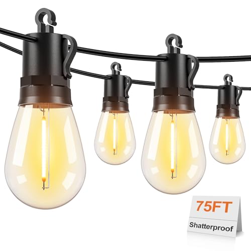 Brightever LED Outdoor String Lights, 75FT Patio Lights with 26 S14 Shatterproof LED Bulbs, Commercial Grade Waterproof String Lights for Outside, 2700K Dimmable Outdoor Lighting for Patio, Camping - size: 75ft