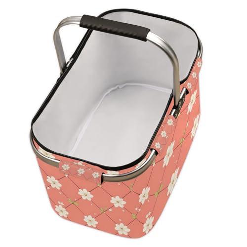 Flower Plaid Picnic Basket Large Collapsible Market Baskets Portable Reuasble Shopping Bags with Handles for Camping Beach Travel - color: Multi a